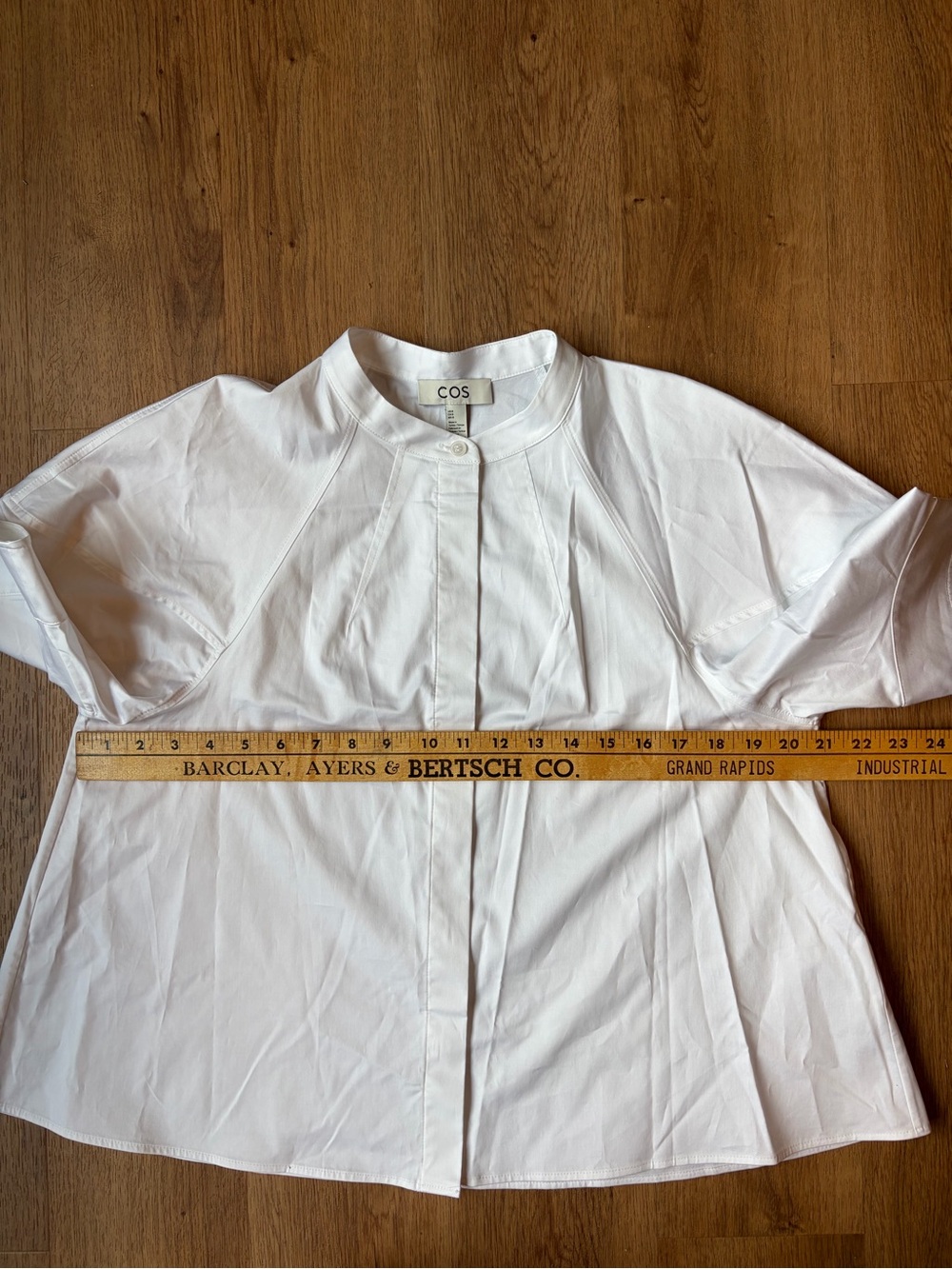COS Puff Sleeve Blouse White Cotton Poplin Hidden Placket Band Collar US 8 - Picture 2 of 9